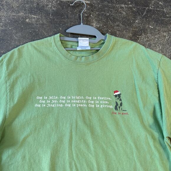 Dog is Good Christmas T Shirt Mens L Green Funny Tee Crew Neck Short Sleeve - Picture 2 of 8